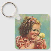 meisje met Baby Chick, blij kind glimlachend Sleutelhanger (Voorkant)