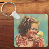 meisje met Baby Chick, blij kind glimlachend Sleutelhanger (Voorkant)