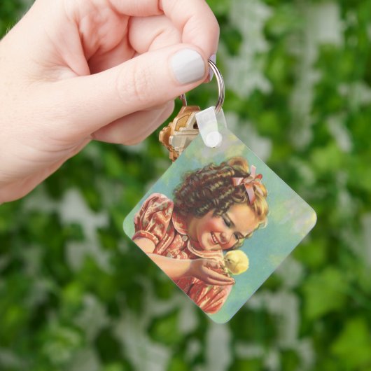 meisje met Baby Chick, blij kind glimlachend Sleutelhanger (Hand)