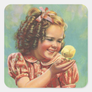  meisje met Baby Chick, blij kind glimlachend Vierkante Sticker