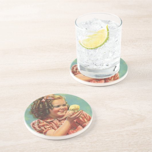  meisje met Baby Chick, blij kind glimlachend Zandsteen Onderzetter (Zijkant)