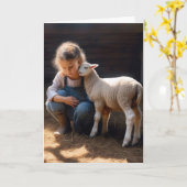 Meisje met Baby Lamb voor Verjaardag Kaart (Gele Bloem)