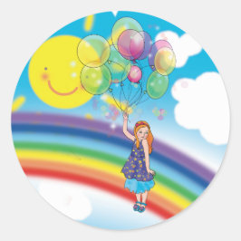 Meisje met ballonnen op een achtergrond van regenb ronde sticker