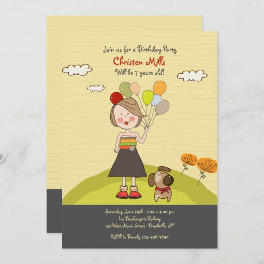 Meisje met ballonnen uitnodiging (Voorkant / Achterkant)