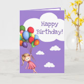 Meisje met Balloons Paarse Happy Birthday Kaart (Gele Bloem)