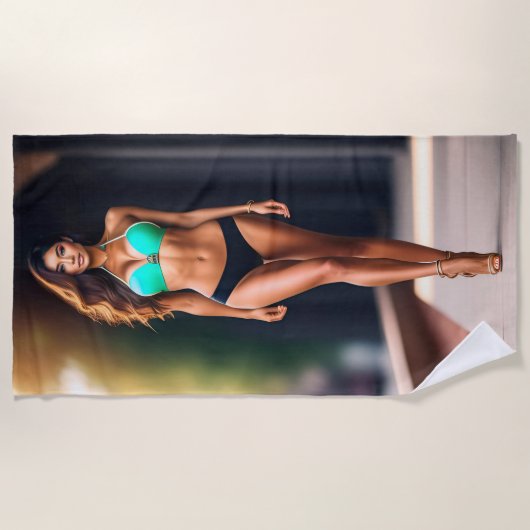 Meisje met bikini op hoge hakken strandlaken (Voorkant)