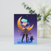 Meisje met blauw haar en zwarte kat briefkaart (Staand voorkant)