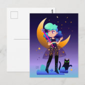 Meisje met blauw haar en zwarte kat briefkaart (Voorkant / Achterkant)