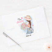 Meisje met bloemen, digitaal ronde sticker (Envelop)