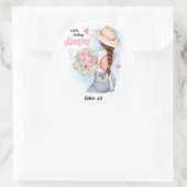 Meisje met bloemen, digitaal ronde sticker (Tas)