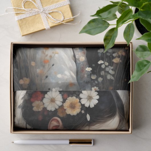 Meisje met bloemen en libel decoupage tissuepapier (Geschenk)