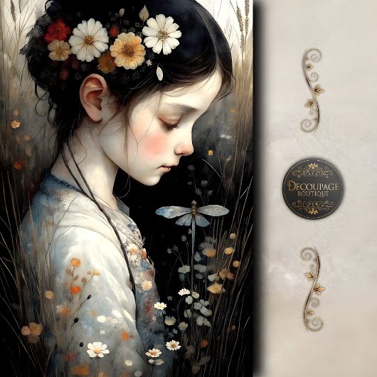 Meisje met bloemen en libel decoupage tissuepapier