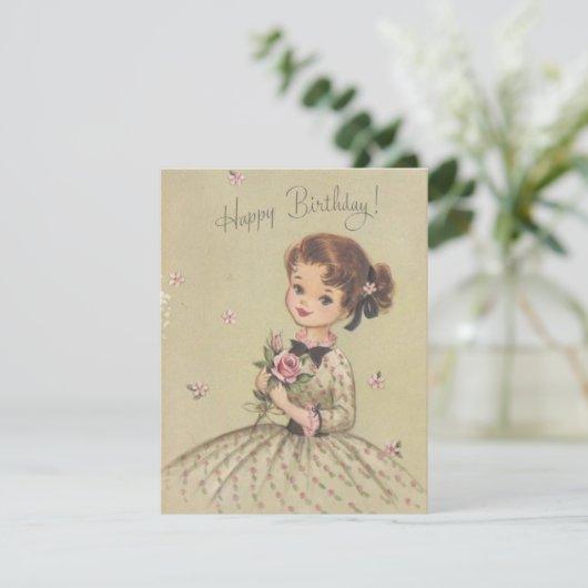  meisje met bloemen feestdagenkaart (Staand voorkant)