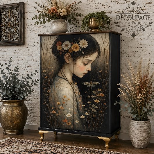 Meisje met Bloemen & Libel Decoupage Tissuepapier