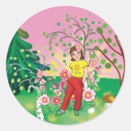 Meisje met bloemen tegen een landschap achtergrond ronde sticker