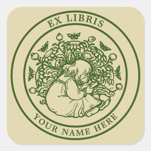 Meisje met boek & kat ex libris Sjabloon Vierkante Sticker (Voorkant)