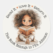 Meisje met Boek Leraar Klaslokaal Bibliotheek Labe Ronde Sticker (Voorkant)