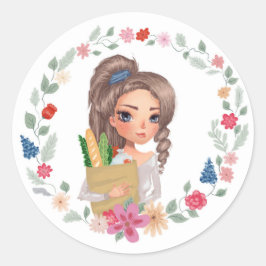 Meisje met boodschappen ronde sticker
