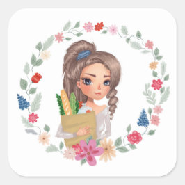 Meisje met boodschappen vierkante sticker