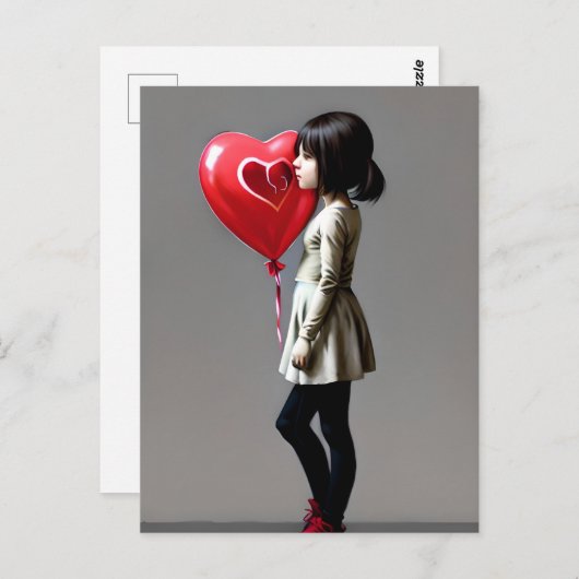 Meisje met briefkaart met rode hartballon (Voorkant / Achterkant)