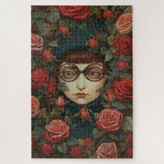 Meisje met bril omringd door rozen   legpuzzel (Verticaal)