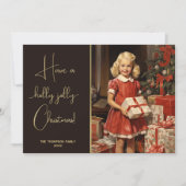  meisje met cadeaus bij een kerstboom feestdagenkaart (Voorkant)