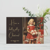  meisje met cadeaus bij een kerstboom feestdagenkaart (Staand voorkant)