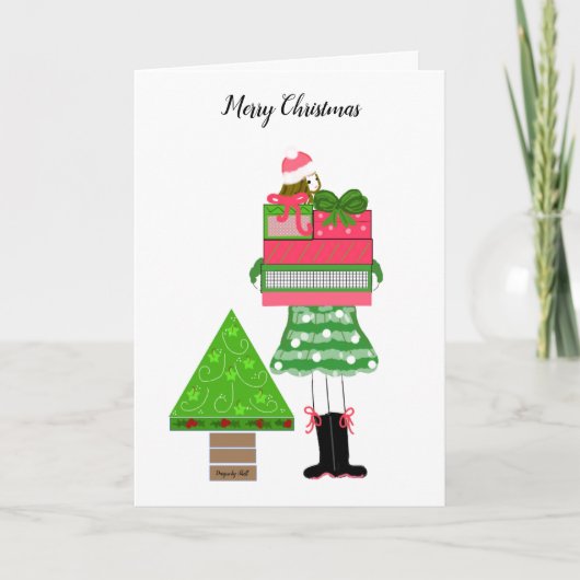 Meisje met Cadeaus en bomen Kaart (Voorkant)