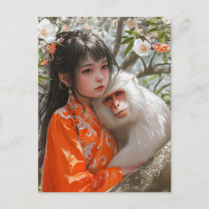 Meisje met Chinese Zodiac Kunst van de Aap Briefkaart
