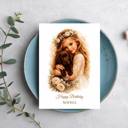 Meisje met chocolade labrador pup kaart