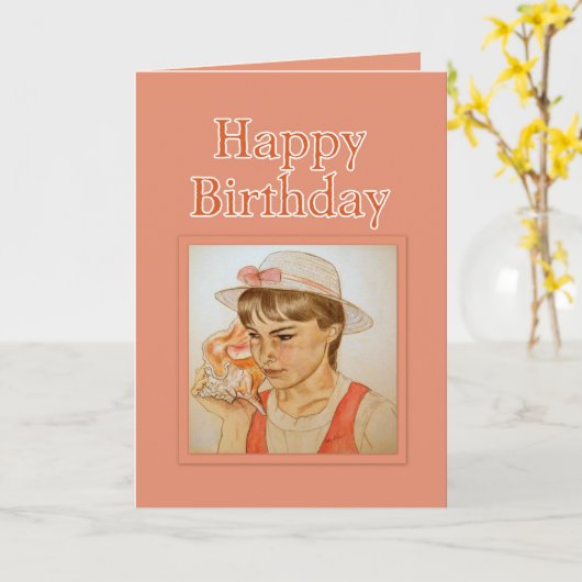 Meisje met Conch Shell Happy Birthday Kaart (Gele Bloem)