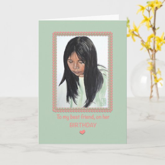 Meisje met Dark Hair Best Friend Pandemic Birthday Kaart (Gele Bloem)