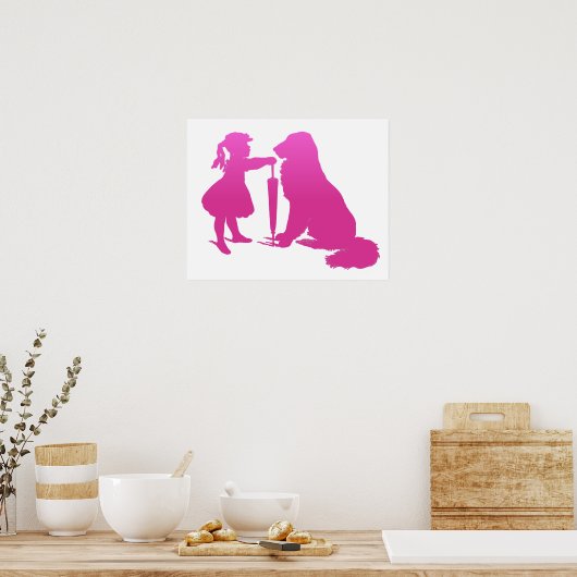 Meisje met de Dog Nursery Silhouette Gradient Pink Poster (Keuken)