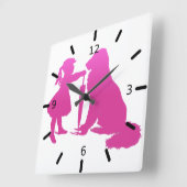 Meisje met de Dog Nursery Silhouette Gradient Pink Vierkante Klok (Hoek)