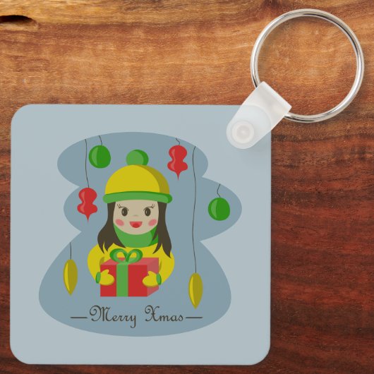 Meisje met de doos van de Kerstmisgift Sleutelhanger (Achterkant)