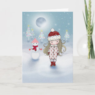 Meisje met de Kerstkaart van de Sneeuwman Feestdagen Kaart