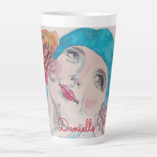 Meisje met de rode roze Waterverf bloem Latte Mok (Voorkant)