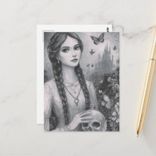 Meisje Met de Schedel Zwart-Wit Fantasie  Briefkaart