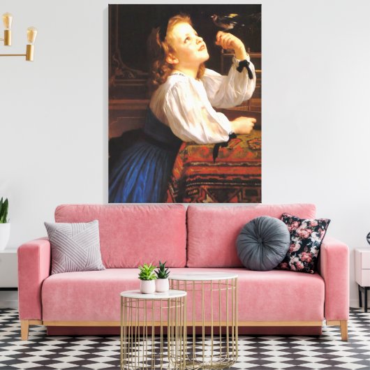 Meisje met de vogel (door William-Adolphe Bouguere Canvas Afdruk (Insitu (Woonkamer))