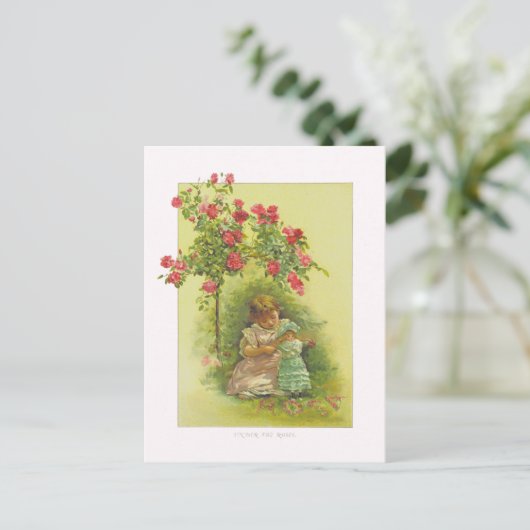  meisje met Doll onder Rozen Kleur Briefkaart (Staand voorkant)