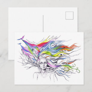 Meisje met dromen in haar haar Surrealistische fan Briefkaart