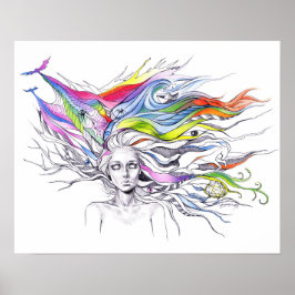 Meisje met dromen in haar haar Surrealistische fan Poster