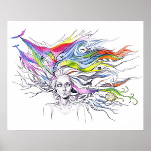 Meisje met dromen in haar haar Surrealistische fan Poster
