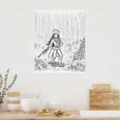 Meisje met een bezem in het winterbos poster (Keuken)