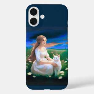 Meisje met een kat in een weide bij schemering iPhone 16 plus hoesje