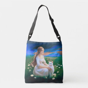 Meisje met een kat in een weide bij Twilight Crossbody Tas