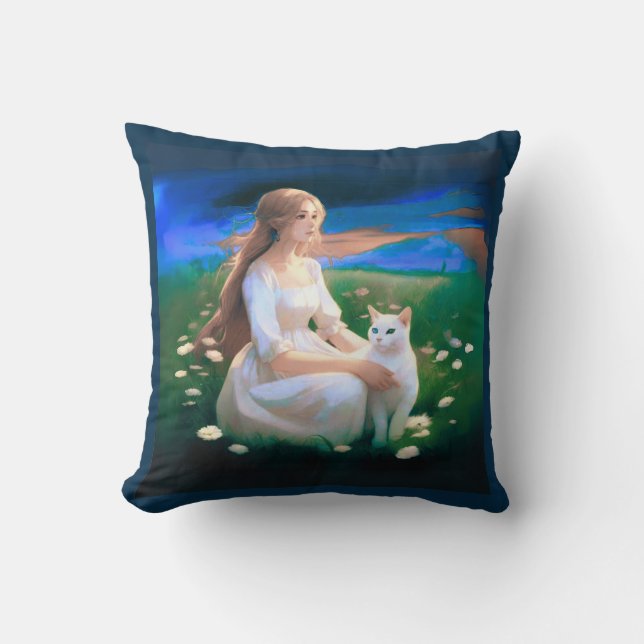 Meisje met een kat in een weide bij Twilight Kussen (Voorkant)