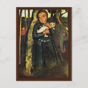 Meisje met een kat in het vogelbos door Modersohn Briefkaart