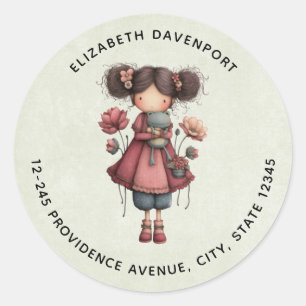 Meisje met een kikkerpop Schattig Whimsical Adres Ronde Sticker