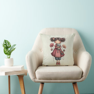 Meisje met een kikkerpop Schattig Whimsical Kussen